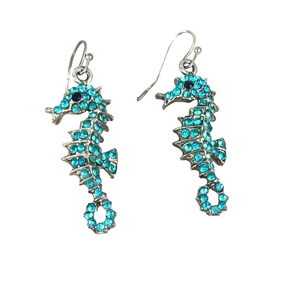 Vintage Seahorse Earrings With Aqua Rhinestones - Picture 1 of 8